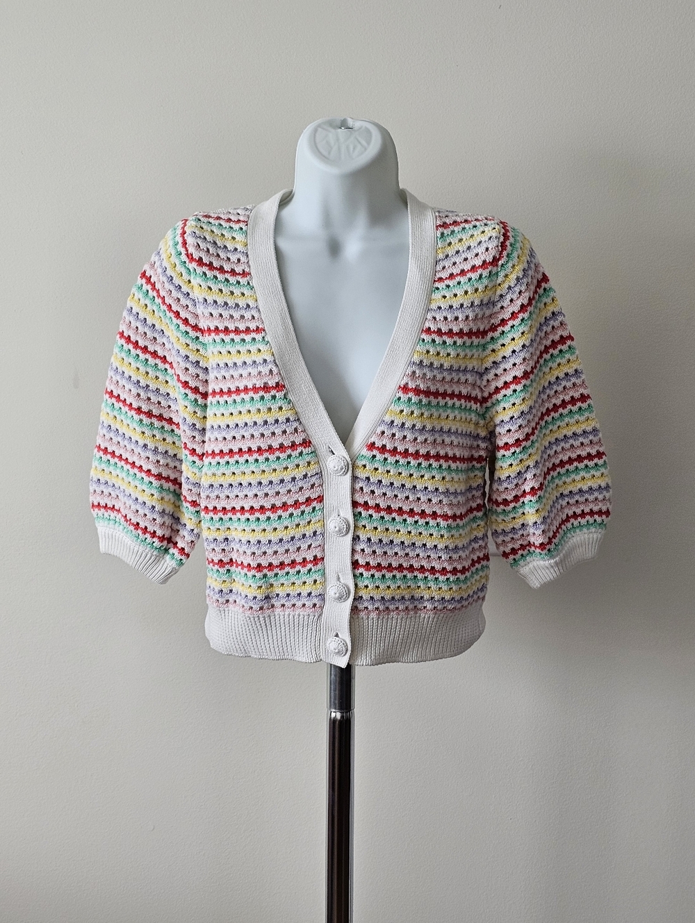 Autumn Cashmere All Cotton Cardigan with Multicolor Stripes Size Medium